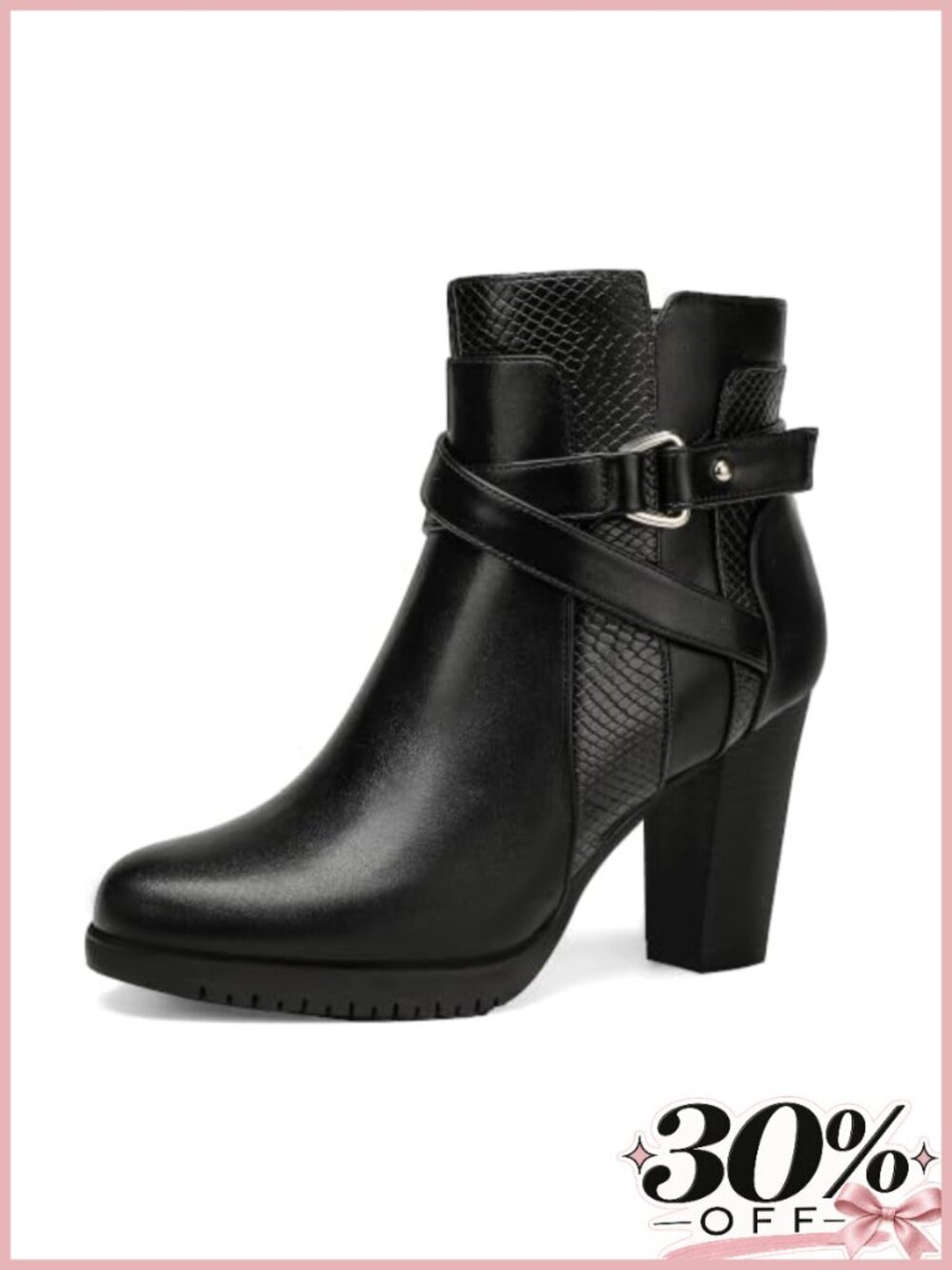 Women's Ankle Boots Side Zipper Chunky Stacked Heel Booties Faux Leather